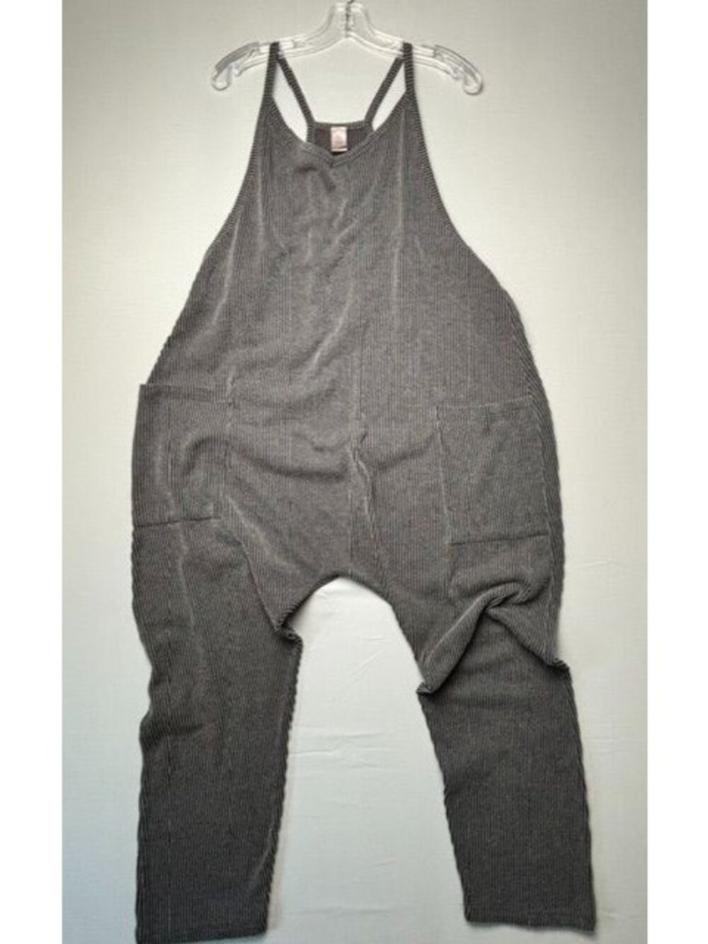 Women's Gray Ribbed Harem Jumpsuit XL Sleeveless Baggy Romper Lounge Boho Pocket